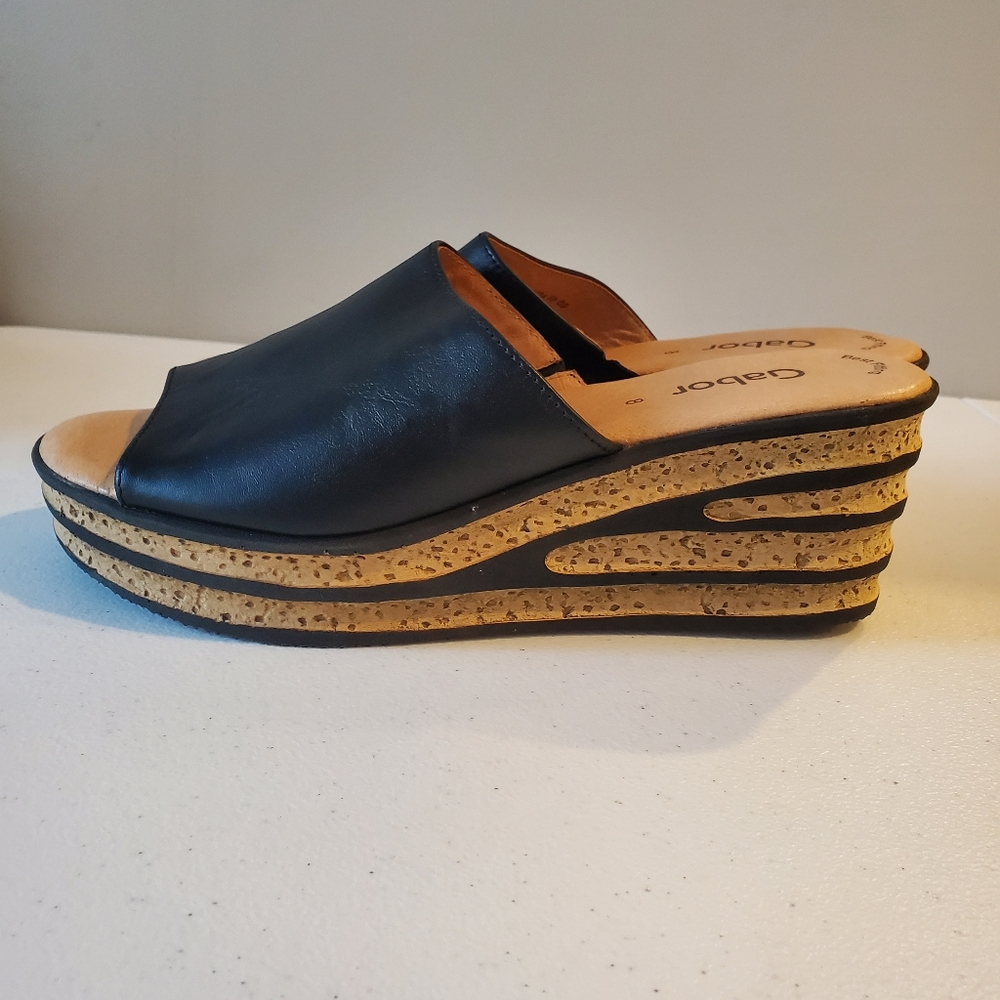 Gabor Black Leather Cork Wedge Mules